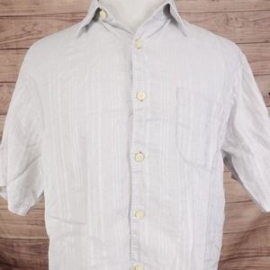 TOMMY BAHAMA SHORT SLEEVE GREY STRIPED 100% LINEN HAWAIIAN BUTTON UP SHIRT SZ L